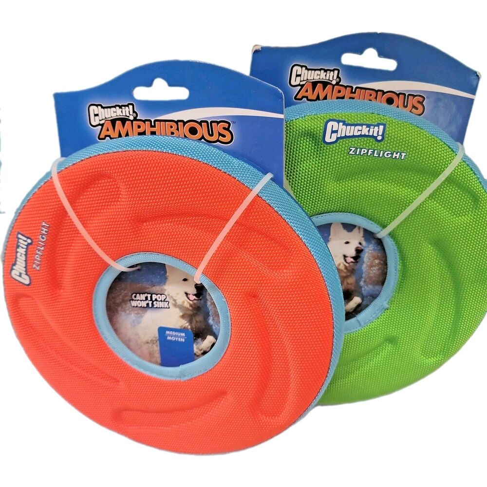 Chuckit Amphibious Zipflight Dog Toy–Floating Ring–Fetch & Water Play-Grn or Orn